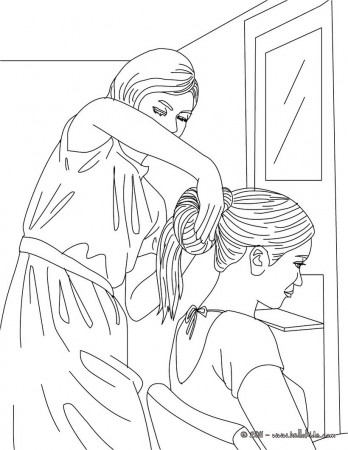 Girl having her hair done by a hairdresser coloring pages - Hellokids.com