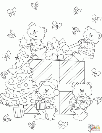 Cute Bears with Big Christmas Gift Box coloring page | Free Printable Coloring  Pages