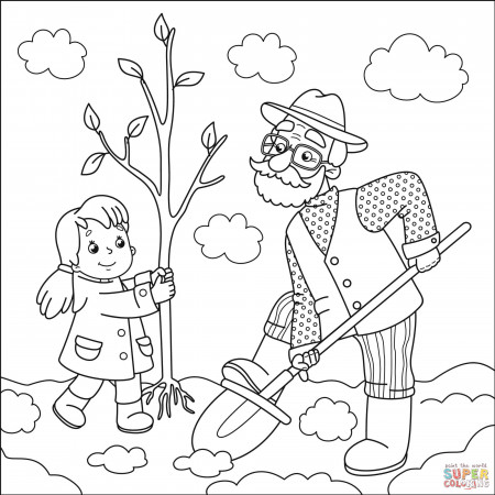Grandfather and Little Girl Planting Tree coloring page | Free Printable Coloring  Pages