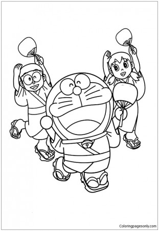 Nobita Shizuka and Doraemon Wearing Yukata Dance Together Coloring Pages -  Doraemon Coloring Pages - Coloring Pages For Kids And Adults