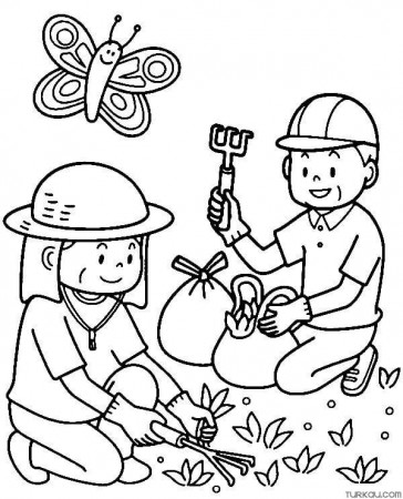 Gardener Man And Gardener Woman, Rake, Earth, Butterfly Coloring Page »  Turkau