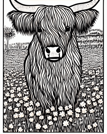 Highland Cattle with Flower Fields Coloring Page · Creative Fabrica