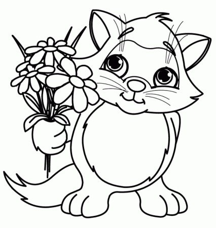 Print Cute Little Cat With Spring Flower Coloring Pages or 