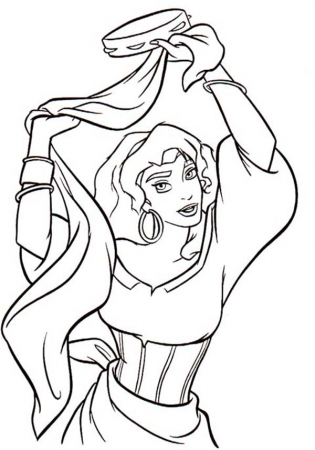 Esmeralda Dancing With Tambourine In The Hunchback Of Notre Dame Coloring  Page - Download & Print … | Coloring pages, Online coloring pages, Princess coloring  pages