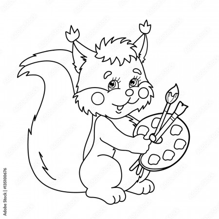 Coloring Page Outline Of cartoon squirrel with brushes and paint. Coloring  book for kids Stock Vector | Adobe Stock