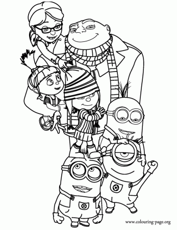 Despicable Me - Gru, Margo, Edith, Agnes and the Gru's minions coloring page