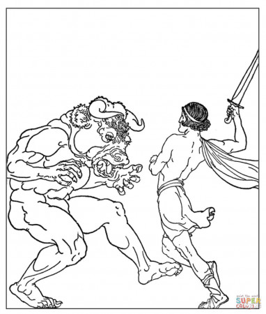 Theseus Slaying the Minotaur coloring page | Free Printable Coloring Pages