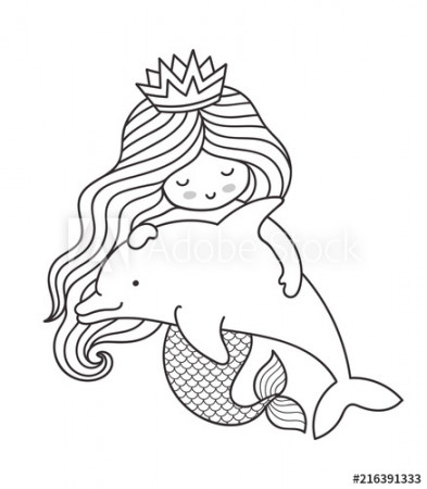 Little kawaii mermaid with dolphin. Vector outline illustration for  coloring book. - Buy this stock vector and explore similar vectors at Adobe  Stock | Adobe Stock