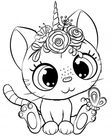 Coloring Pages Unicorn Cat and a butterfly Print Free