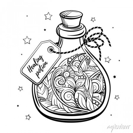 Bottle with magic calming potion. black and white vector graphic. posters  for the wall • posters vector, potion, flask | myloview.com