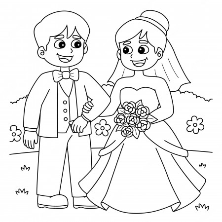 Premium Vector | Wedding groom and bride coloring page for kids