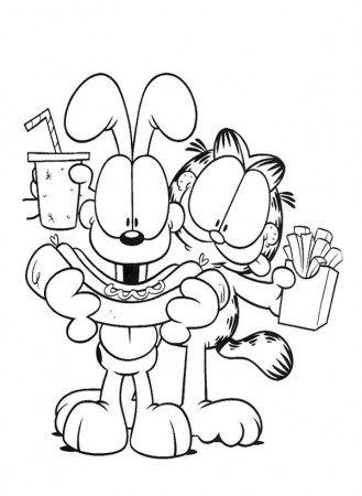 Garfield Eating Popcorn And Hotdog Coloring Page | Coloring pages ...