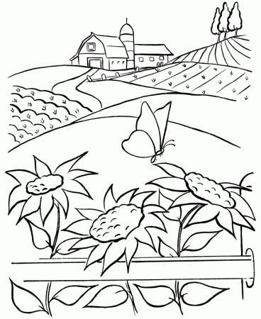 Farm Life Coloring Pages | Printable Farm barn, sunflowers and a 