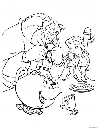 Beauty And Beast Drink Coffee Coloring Pages Printable