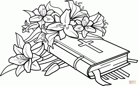 Easter Lilies and Bible coloring page | Free Printable Coloring Pages