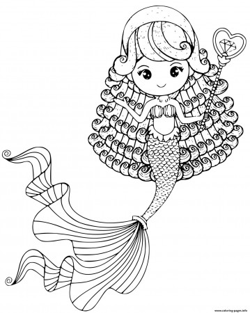 Cute Little Mermaid With A Long Tail Coloring Pages Printable