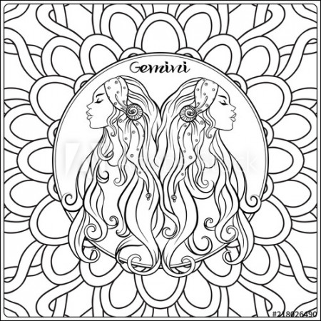 Gemini. Twins, girls. Decorative zodiac sign on pattern background. Outline  hand drawing. Good for coloring page for the adult coloring book Stock  vector illustration. - Buy this stock vector and explore similar