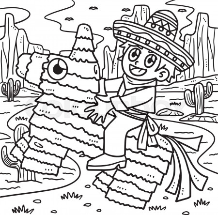 Cinco de Mayo Child Riding Pinata Coloring Page | Stock vector | Colourbox