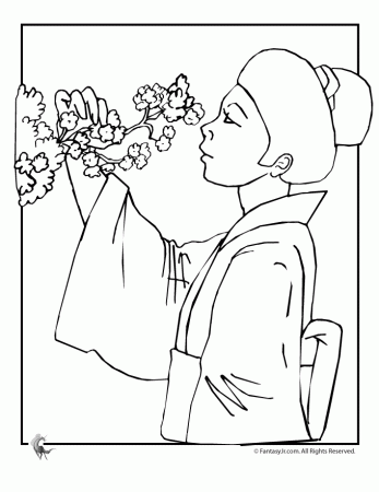 Geisha and Cherry Blossoms Coloring Page | Woo! Jr. Kids Activities :  Children's Publishing