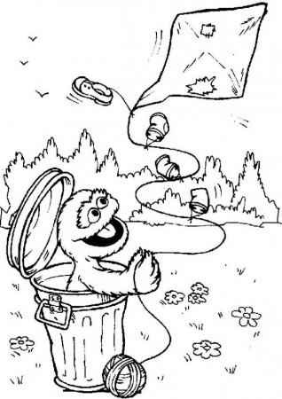 Oscar Playing Kite from Garbage Can in Sesame Street Coloring Page ...