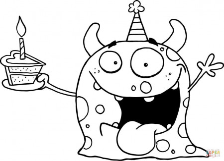 Happy Monster Celebrates Birthday with Cake coloring page | Free Printable Coloring  Pages