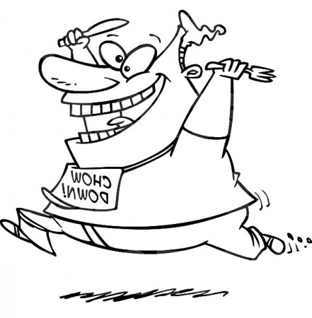 Fat Boy Running with Fork and Spoon in Hand Coloring Pages - NetArt