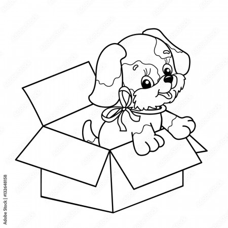 Coloring Page Outline Of cute puppy in box. Cartoon dog with bow. Gift for  the holiday. Birthday. Coloring book for kids Stock Vector | Adobe Stock