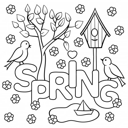 Premium Vector | Coloring page with the word spring, birds, birdhouse,  leaves, tree, boat in a puddle, flowers. vector illustration
