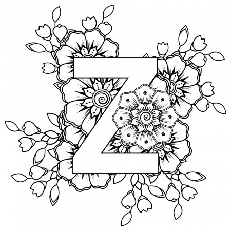 Letter Z with Mehndi flower. decorative ornament in ethnic oriental style.  coloring book page. 5239622 Vector Art at Vecteezy