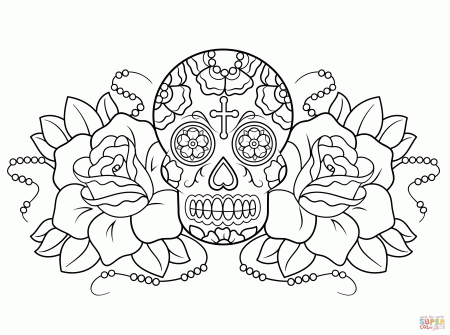 Sugar Skull and Roses coloring page | Free Printable Coloring Pages