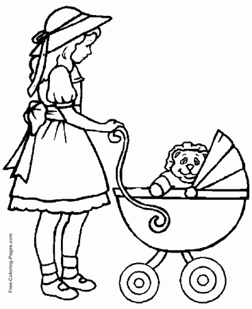 Kids coloring pages - Girl and Baby Carriage