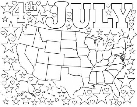 4th July Coloring Page: Map of USA with Stars and Hearts | Rooftop Post  Printables