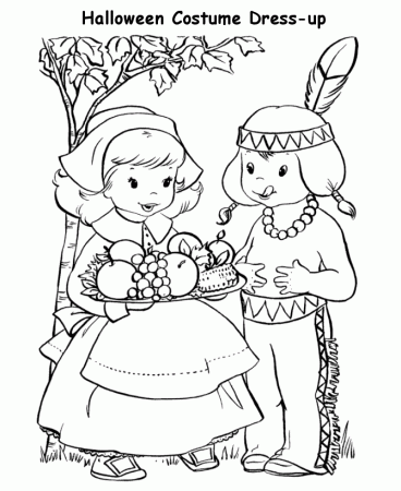 Halloween Costume Coloring Page - Indian and Pilgrim costume 