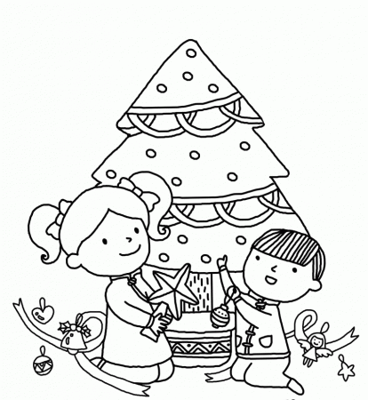 Two Kids And Christmas Tree Coloring Pages - Christmas Coloring 