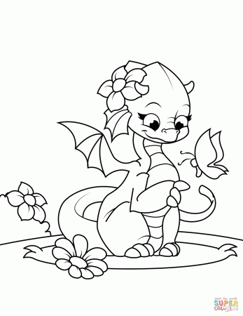Cute Girl-Dragon Playing with Butterfly coloring page | Free Printable Coloring  Pages