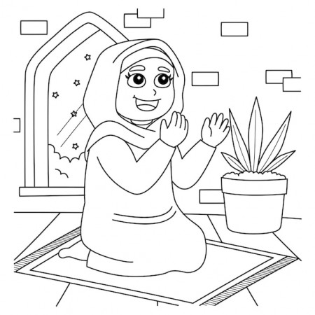 Premium Vector | Ramadan muslim girl praying coloring page for kids