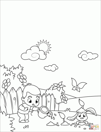 Boy Watering Flowers and Cute Rabbit Digging Through Them coloring page |  Free Printable Coloring Pages