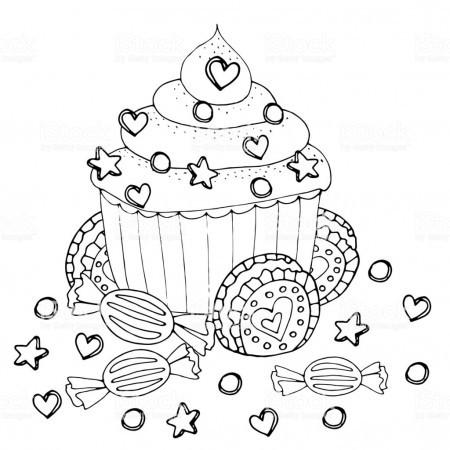 Coloring Page With Cake Cupcake Candy And Other Dessert Stock ...