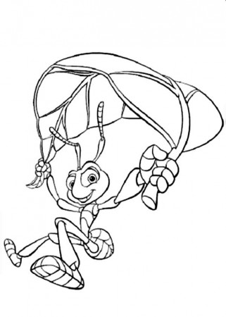 Flik with Leaf Parachute in Bugs Life Coloring Pages : Batch Coloring