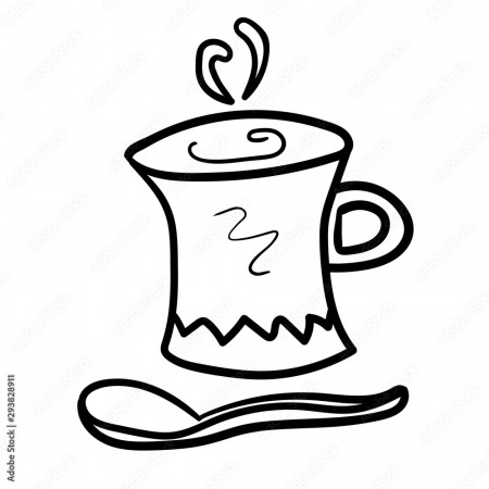 Coffee drink in a mug and spoon. Coloring page adult and kids. Accessory  for comfort. Season is winter or fall. Warmth and comfort. - Vector. Vector  illustration Stock Vector | Adobe Stock