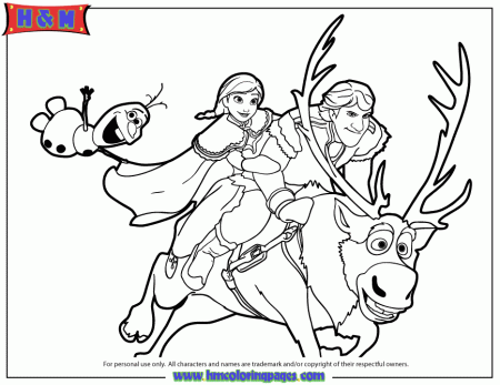 Kristoff Anna And Olaf Riding Sven Coloring Page | H & M Coloring ...