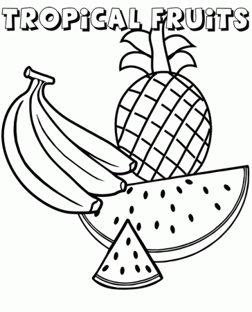 Watermelon, banana and pineapple on free coloring books, pages