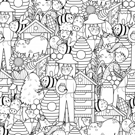 Premium Vector | Bee and beekeeper black and white seamless pattern coloring  page with funny farm characters