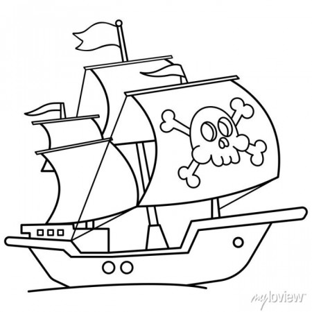 Coloring page outline of cartoon pirate ship. sailboat with black canvas  prints for the wall • canvas prints outline, contour, white | myloview.com