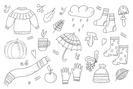 Set of autumn accessories in black and white outline. Coloring pages.  Doodle style. Hello, Autumn. Design or sticker. Isolated vector  illustration 12141662 Vector Art at Vecteezy