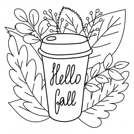 Coffee mug to go coloring page vector illustration. Hello fall cute sketch  with coffee mug and autumn leaves 9901261 Vector Art at Vecteezy