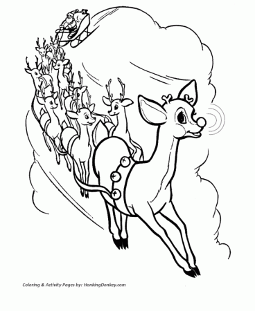 Rudolph the Red Nose Reindeer Coloring Page - Rudolph Guides Santa's  Reindeer | HonkingDonkey