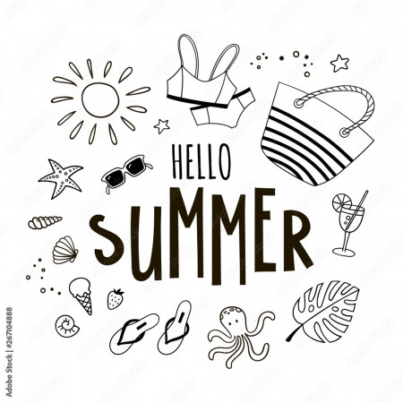 Hand drawn summer quote and doodles. Actual tropical vector background.  Creative line art work and inscription Hello Summer. Stock Vector | Adobe  Stock