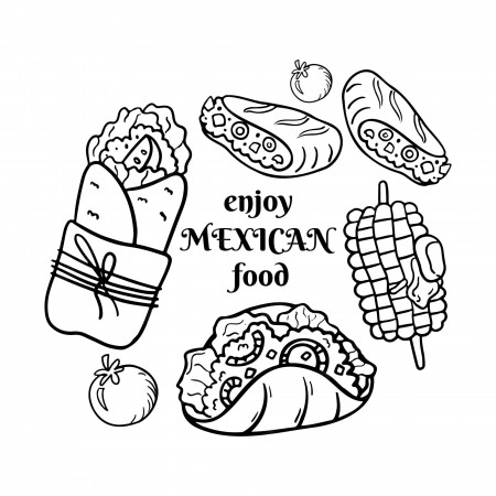 Premium Vector | Mexican food coloring page doodle burrito tacos corn latin  american cuisine