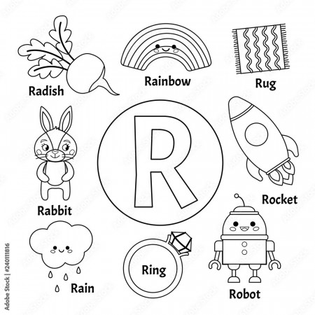 Vector cute kids animal alphabet. Letter R. Set of cute cartoon  illustrations. Coloring page. Stock Vector | Adobe Stock